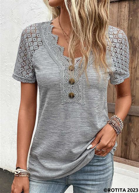 ROTITA Lace Grey V Neck Short Sleeve T Shirt Rotita USD 33 98