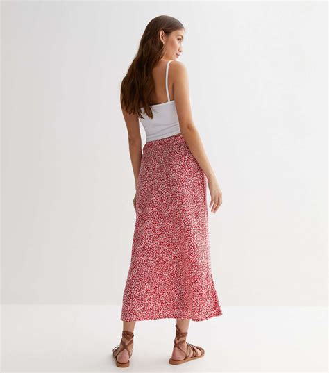 Influence Red Ditsy Floral Midi Skirt New Look