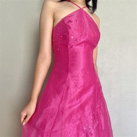 90s Vintage Barbie Hot Pink Jeweled Prom Dress Depop