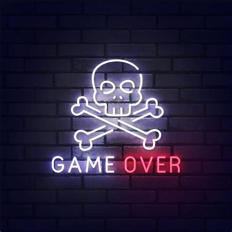 Premium Vector Skull Game Over Neon Sign Bright Signboard Light