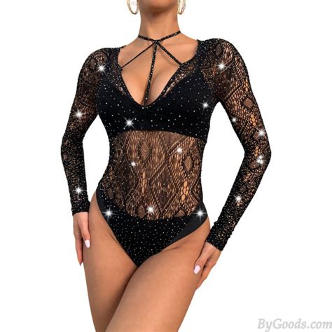 Sexy Sparkle Strass Fischnetz Mesh Hohl Langarm Strumpfhosen Overall