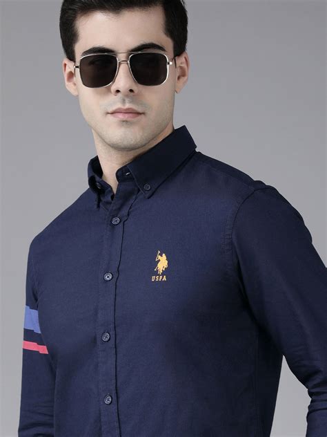 Buy U S Polo Assn Men Navy Blue Solid Tailored Fit Pure Cotton Casual