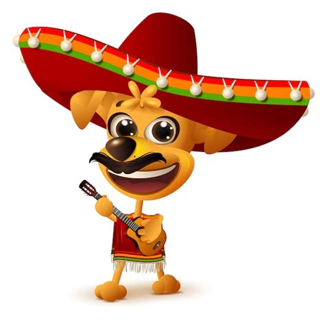 Perro Mexicano En Sombrero Toca La Guitarra Vector Premium