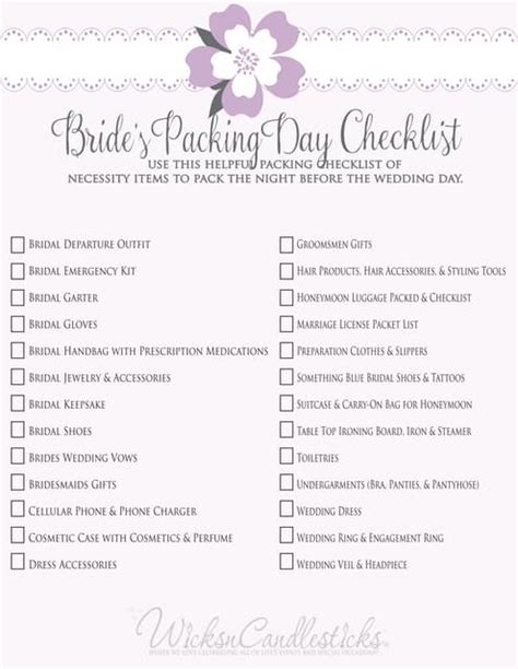 Brides Packing Day Checklist Pdf Worksheets Library