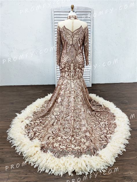 Promfy Popular Sequin Feather Sparkly Prom Dress