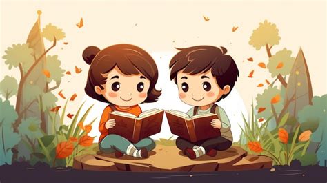 Una caricatura de dos niños leyendo un libro Vector Premium