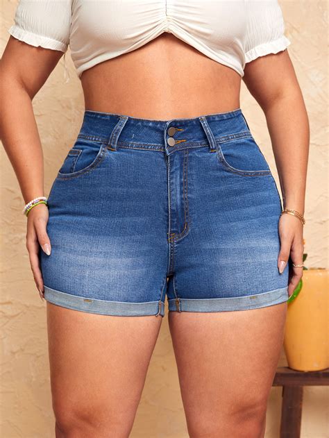 Plus High Waist Rolled Hem Denim Shorts