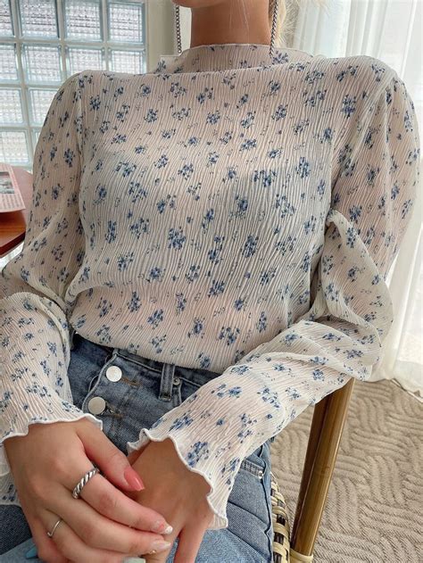 DAZY Ditsy Floral Lettuce Trim Puff Sleeve Blouse SHEIN UK Fashion