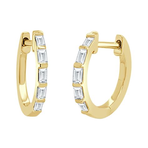 14 Karat Yellow Gold Round And Baguette Cut Diamond Huggie Hoop