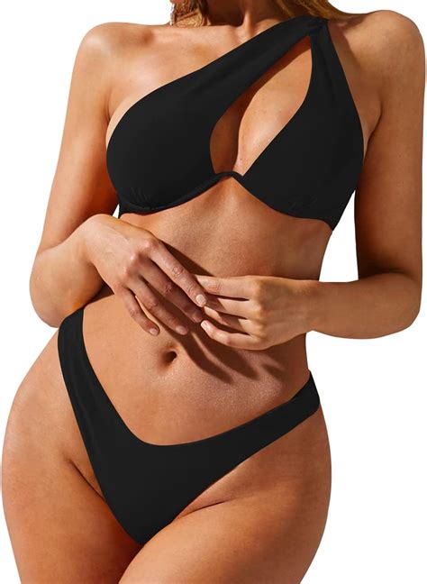 Buy ZAFUL Women S Sexy Cutout One Shoulder Bikini Underwire Padded Bathing Suit Cheeky Thong
