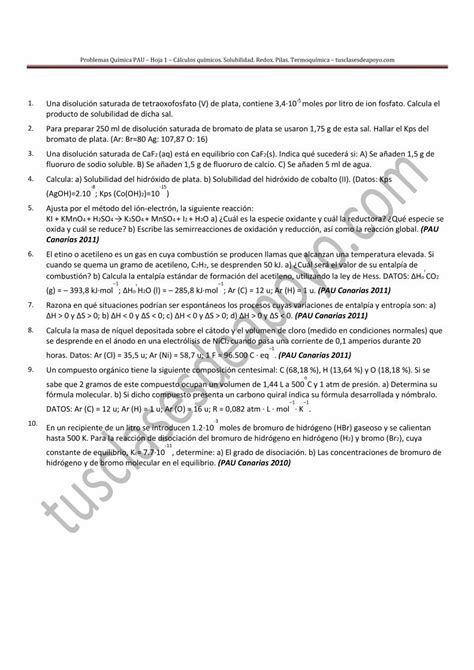 PDF Problemas Resueltos de Quimica PAU Hoja 1 Cálculos Químicos