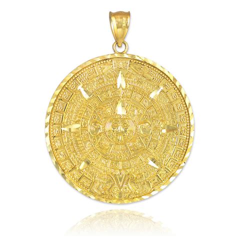 10k Yellow Gold Aztec Mayan Sun Calendar Pendant Large 2 0 Inches