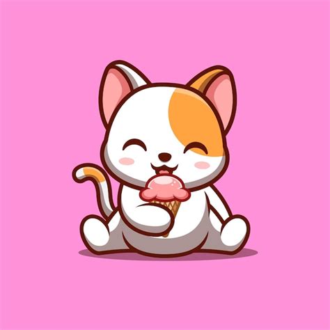 Premium Vector White Cat Sitting Eating Ice Cream Cute Creative Kawaii Cartoon Mascot Logo