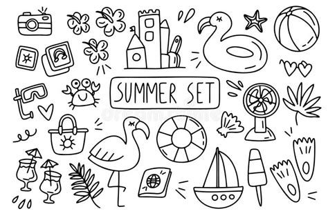 Beach Vacation Sea Line Drawings Elements Summer Doodle Outline Sketch