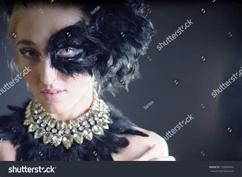 Portrait Sexy Woman Black Feather Half Stock Photo 130049942 Shutterstock