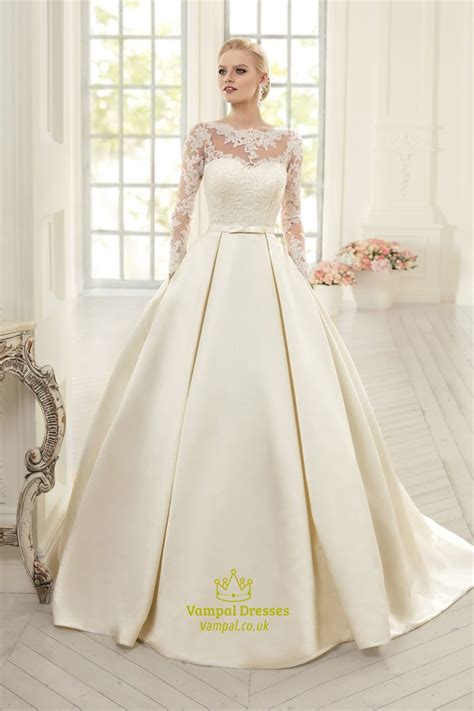 Long Sleeve Illusion Bodice A Line Satin Wedding Dress With Open Back