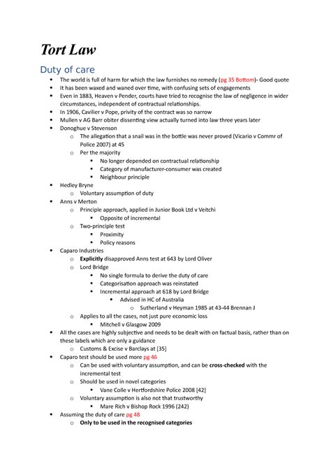 Tort Law Lecture Notes Tort Law Duty Of Care The World Is Full