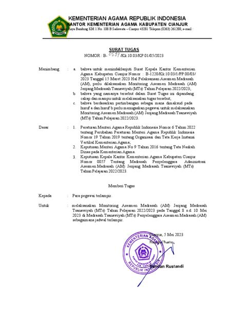 Monev Am Jenjang Mts 2022 2023 Surat Tugas Jadwal Instrumen Pdf