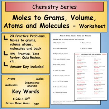 Moles To Grams Volume Atoms And Molecules Worksheet By Back Pocket