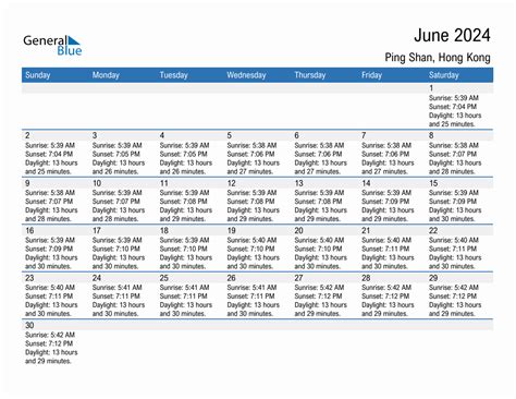 June 2024 Sunrise And Sunset Calendar For Ping Shan Pdf Excel Word