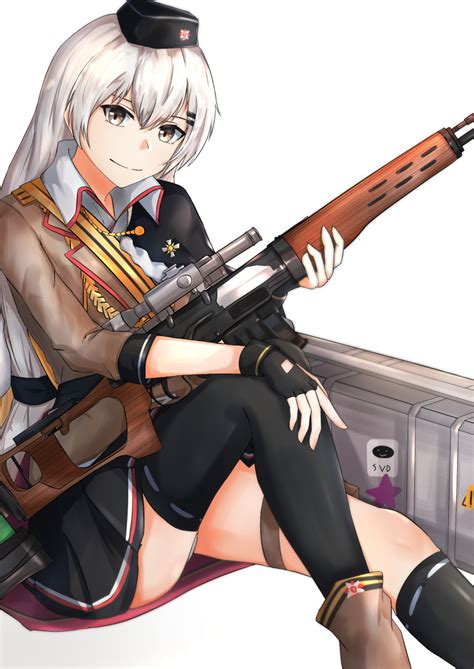 Safebooru 1girl Absurdres Assault Rifle Black Gloves Black Headwear Black Legwear Black Skirt