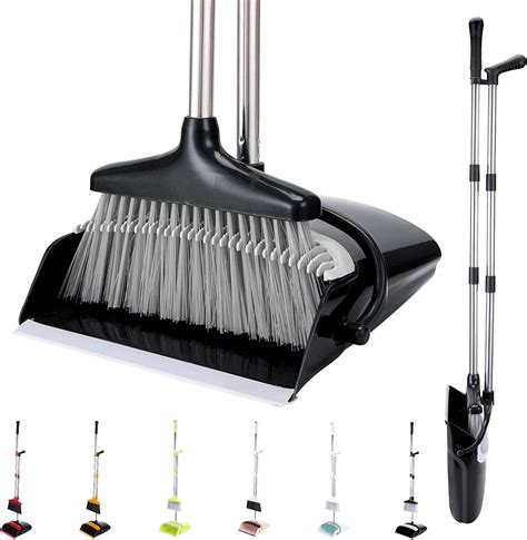 Xxxflower Standing Dustpan And Broom Set Long Handled Dust Pans With Self Cleaning Teeth For