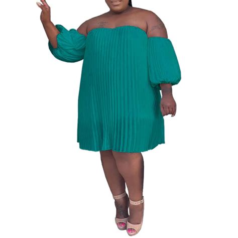 XIUH Women Plus Size Off Shoulder Pleated Mini Dress Oversized Short