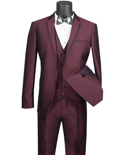 Mens Ultra Slim Fit Sharkskin Tuxedo With Satin Trim In Burgundy