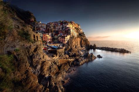 Manarola Italy Coast Houses Liguria Crag Night HD Wallpaper