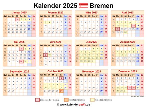 Kalender 2025 Bremen: Ferien, Feiertage, PDF-Vorlagen