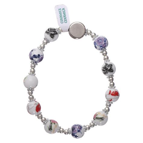 Bracciale Decina Elastico Grani Ceramica E Medaglietta Madonna Grani