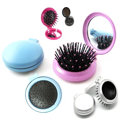 1 Folding Hair Brush W Mirror Pocket Size Portable Purse Travel Compact