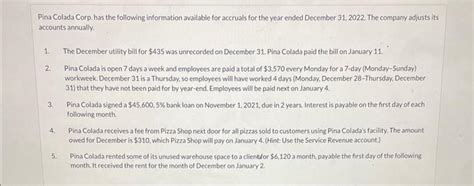 Solved Pina Colada Corp Has The Following Information Chegg