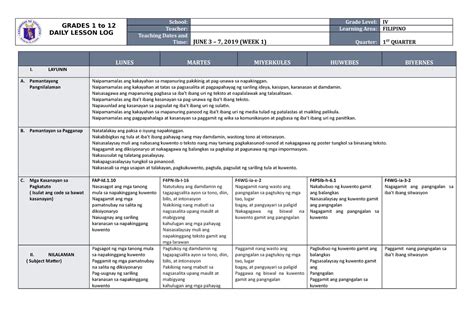 Dll Filipino 4 Q1 W1 Daily Lesson Log Grades 1 To 12 Daily Lesson Log School Grade Level