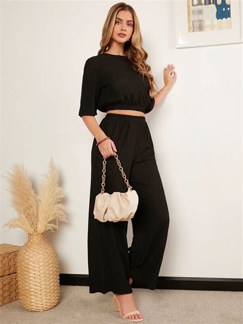 EMERY ROSE Solid Crop Tee Wide Leg Pants Set SHEIN USA