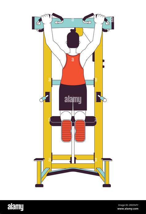 Man Doing Dead Hangs On Pull Up Machine Flat Line Color Vector