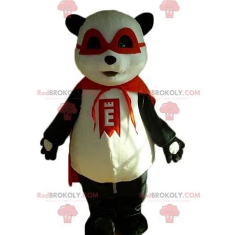 Mascotte De Panda Noir Et Blanc Avec Un Masque Et Une Cape Rouge