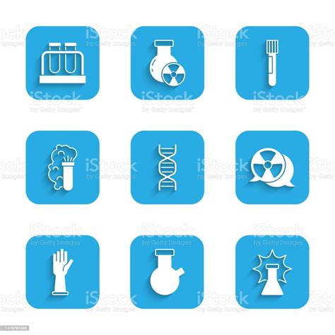 Dna 기호 시험관 및 플라스크 화학 폭발 방사성 의료용 고무 장갑 및 아이콘을 설정합니다 벡터 Dna에 대한 스톡 벡터 아트