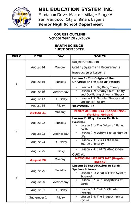 1ST SEM Course Outline Earth Science Edited Ab In English PNU Studocu