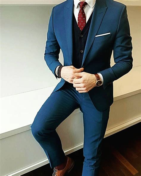 Mens Navy Suit Black Sweater Vest Burgundy Polka Dot Tie Mens Suits Navy Prom Suits For Men