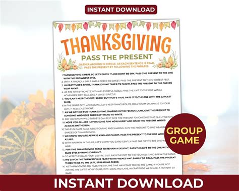 Thanksgiving Pass The Present Game Fun Thanksgiving Game Thanksgiving Printable Game For