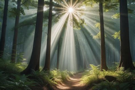 Un bosque con rayos de sol brillando a través de los árboles Foto Premium