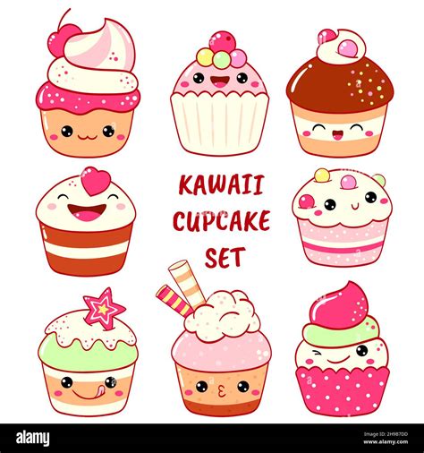 Set Of Cute Sweet Icons In Kawaii Style With Smiling Face And Pink