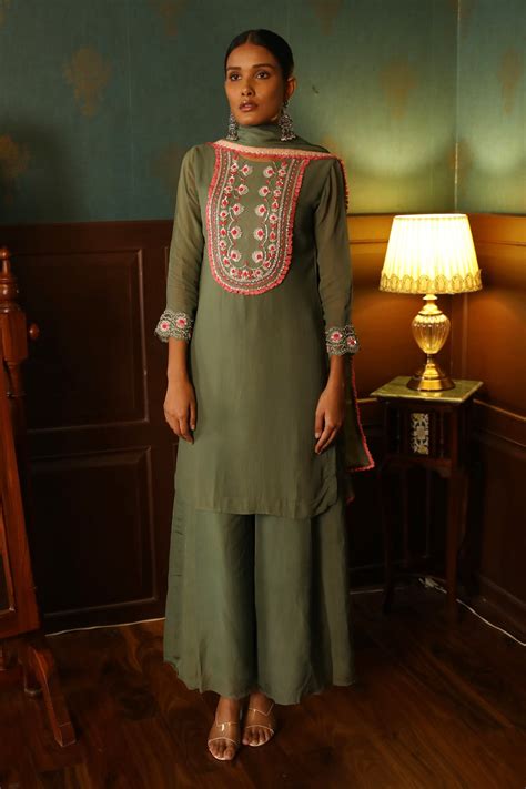 Buy Green Georgette Embroidery Floral Round Kurta Palazzo Set For Women