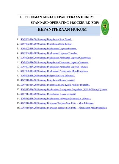 I Pedoman Kerja Kepaniteraan Hukum Standard Operating Procedure Sop