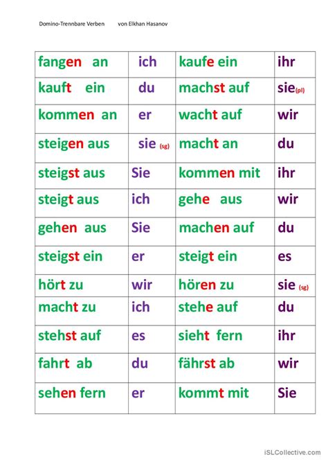 Trennbare Verben Domino Deutsch Daf Arbeitsbl Tter Pdf Doc