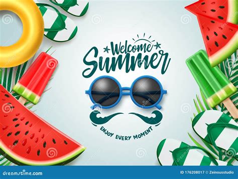 Summer Vector Banner Design Welcome Summer Text With Sunglasses Tropical Fruits And Beach