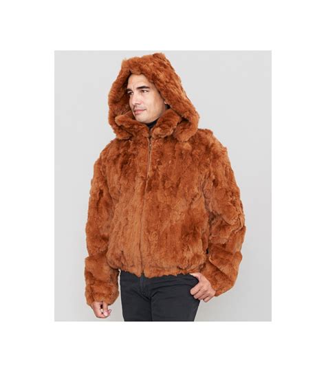 Pieced Rabbit Fur Hooded Bomber Jacket For Men In Whiskey Fursource