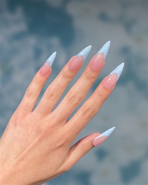 Sparkling Azure French 10 French Nails Short 1 Inch Almond Blue Stiletto Nails Light