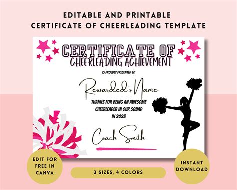 Editable Printable Cheerleading Awards Certificate Cheer Participation